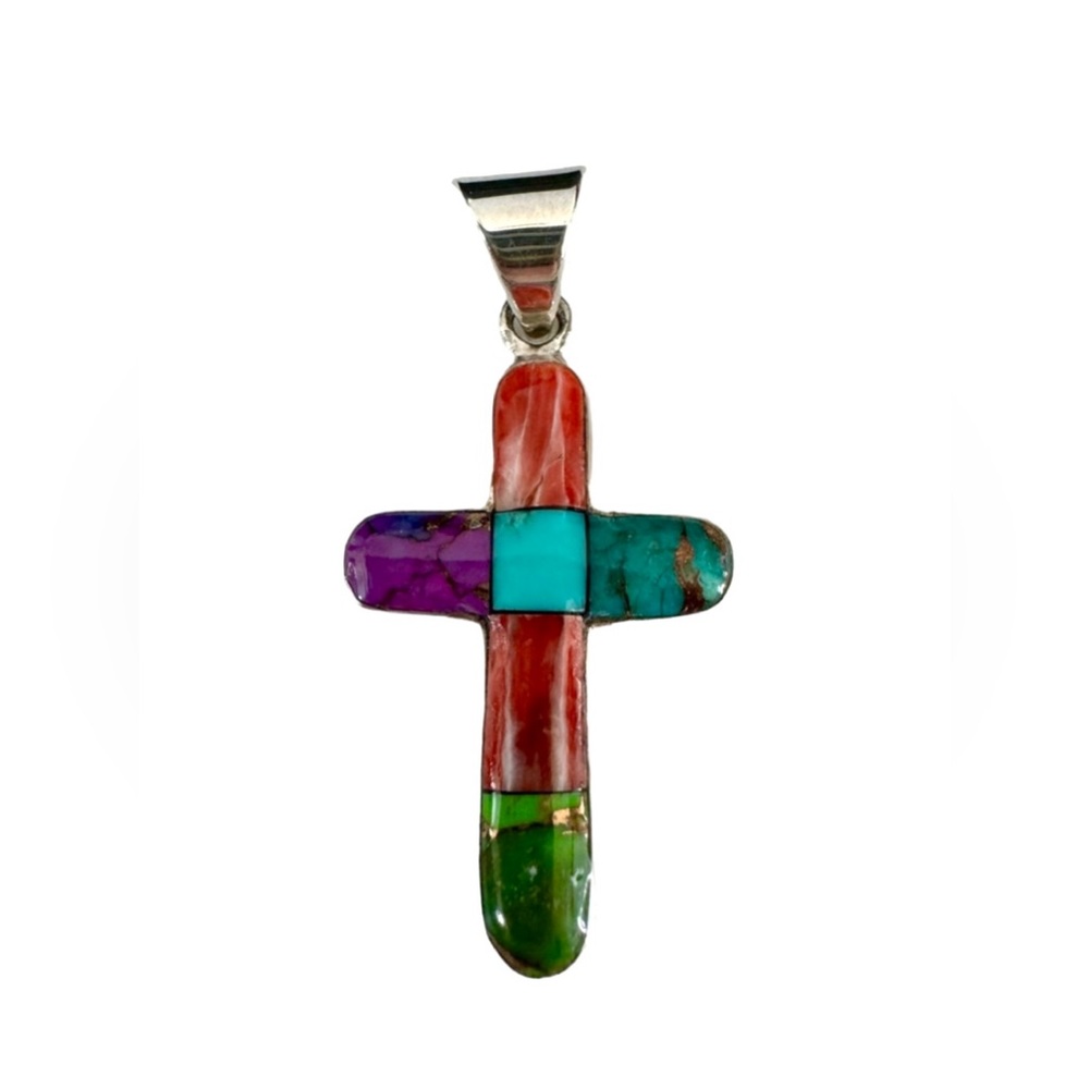 Vintage sterling silver turquoise stone inlay cross pendant.